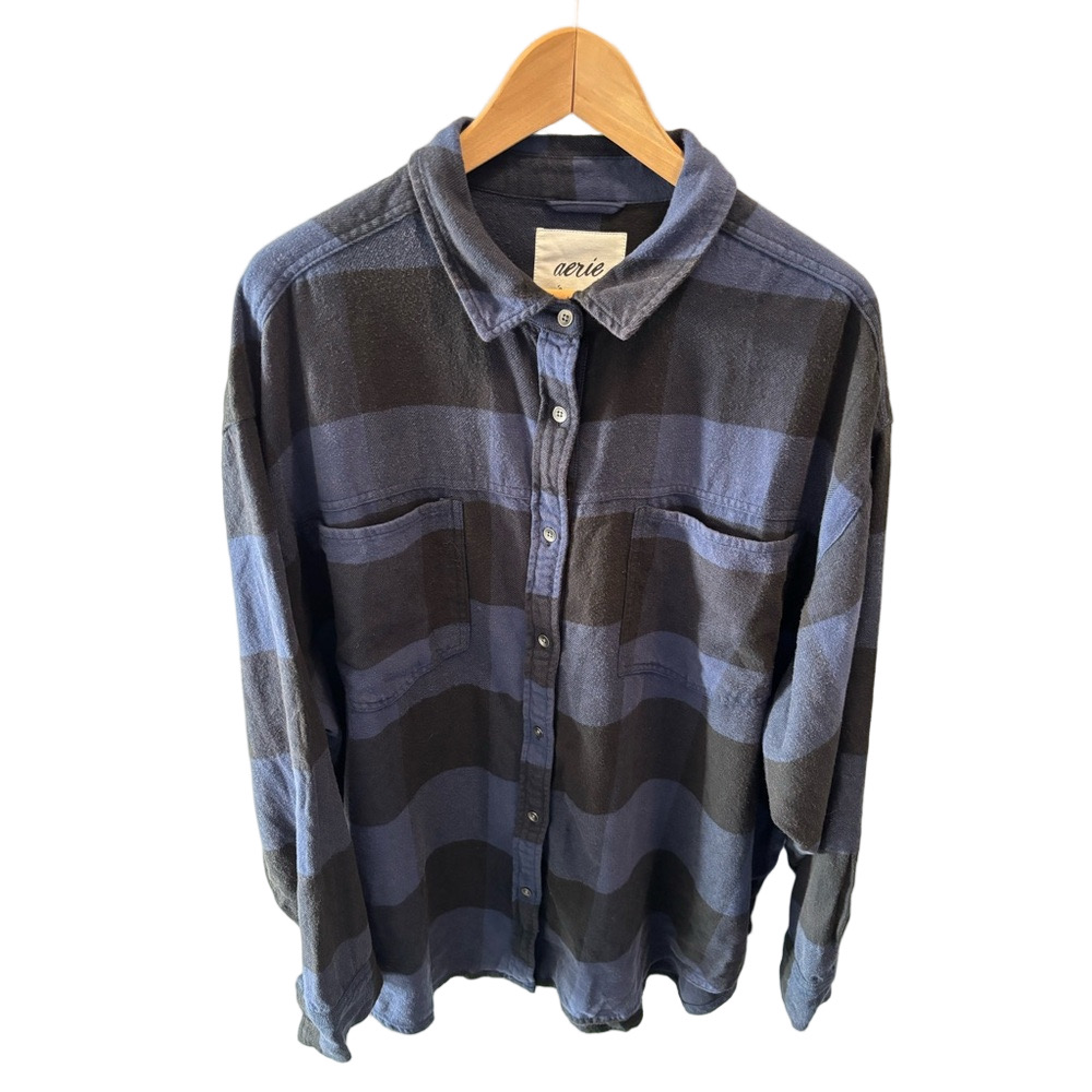 Aerie Anytime Fave Flannel Plaid Button-Down Shirt XL Blue Black Oversized NEW